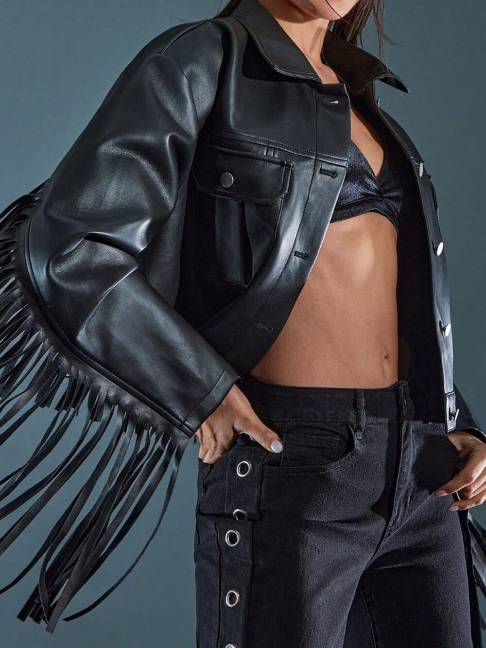 Black Casual Women's Faux Leather Fringe Detail Jacket - Picture 3 of 6